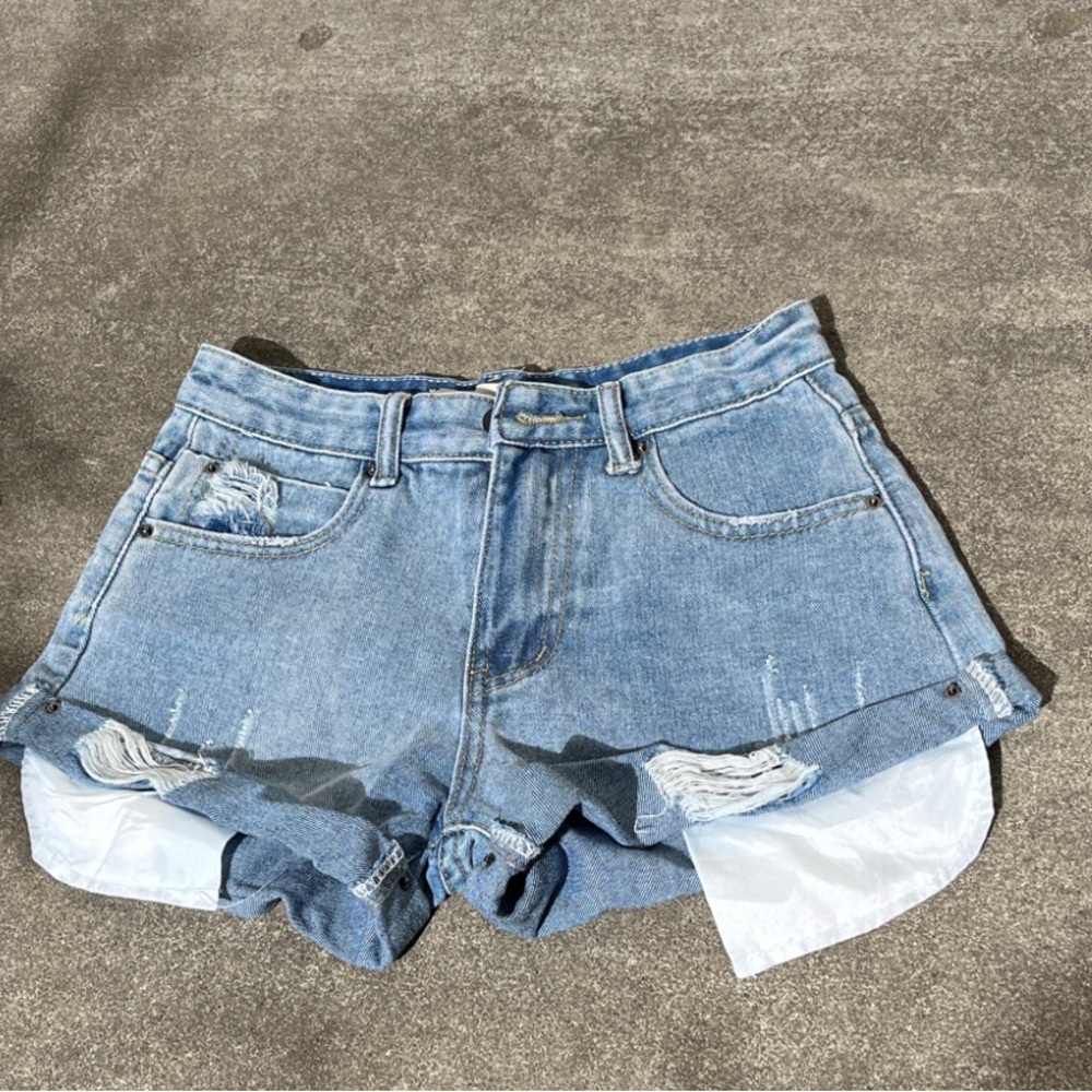 Classic Blue Distressed Low Rise Jean Shorts